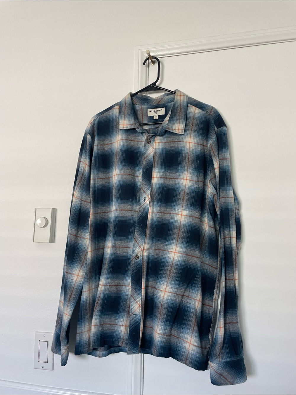 Billabong Men's Navy and White Plaid Button-Up Shirt with Brown Accents